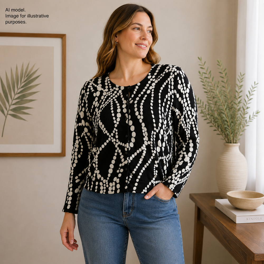 CAbi Sweater Womens Large Black White Dot Print Button Front Cotton Cardigan